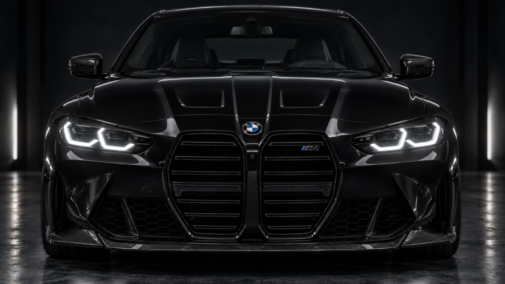 BMW спереди с яркими фарами
